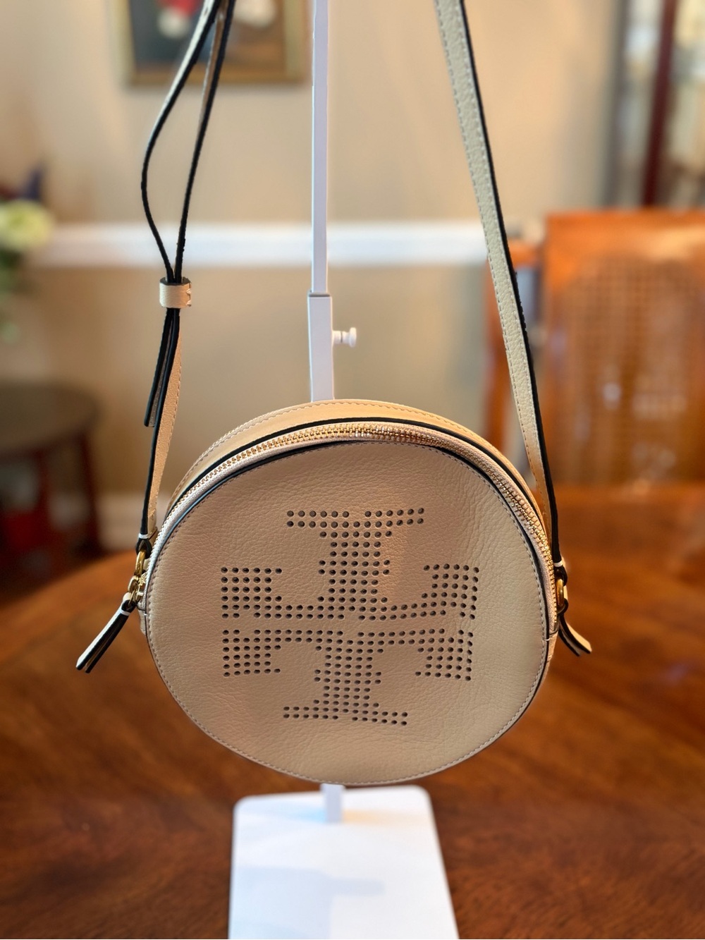 Tory Burch Round Perforated Logo Crossbody in Beige - Like New!